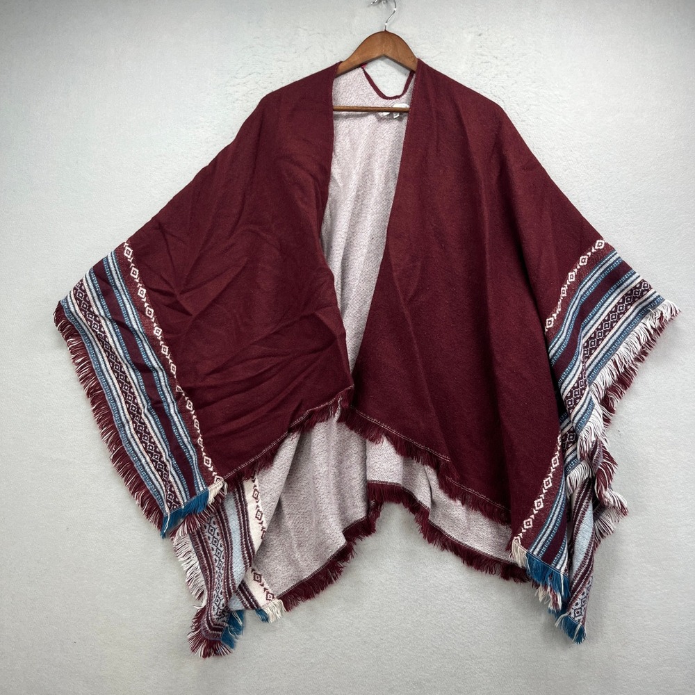 Woven Heart Poncho Womens One Size Burgundy Tribal Fringe Open Front Wrap Shawl